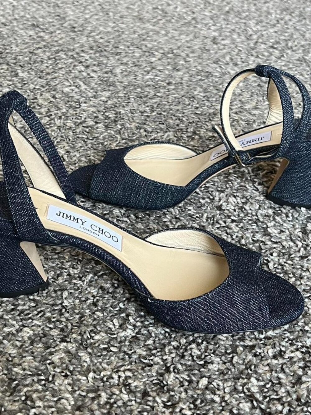 Jimmy Choo Miranda 65 Navy Denim Heels 38/US 7.5 Dainty Luxury Bridesmaid Chic - Picture 2 of 7